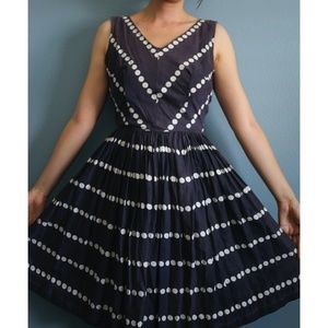 Vintage 60s Polka Dot Navy Blue Fitted Dress